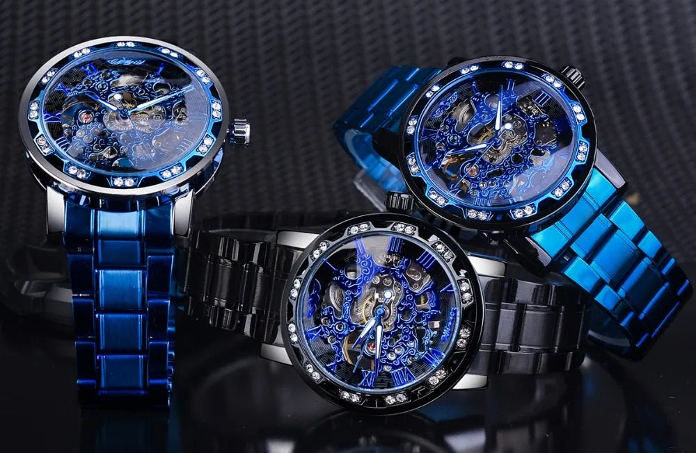 Winner Golden Watch | Classic Rhinestone Clock | Roman Analog Male Skeleton Clocks Mechanical Stainless Steel Band Luminous Watch