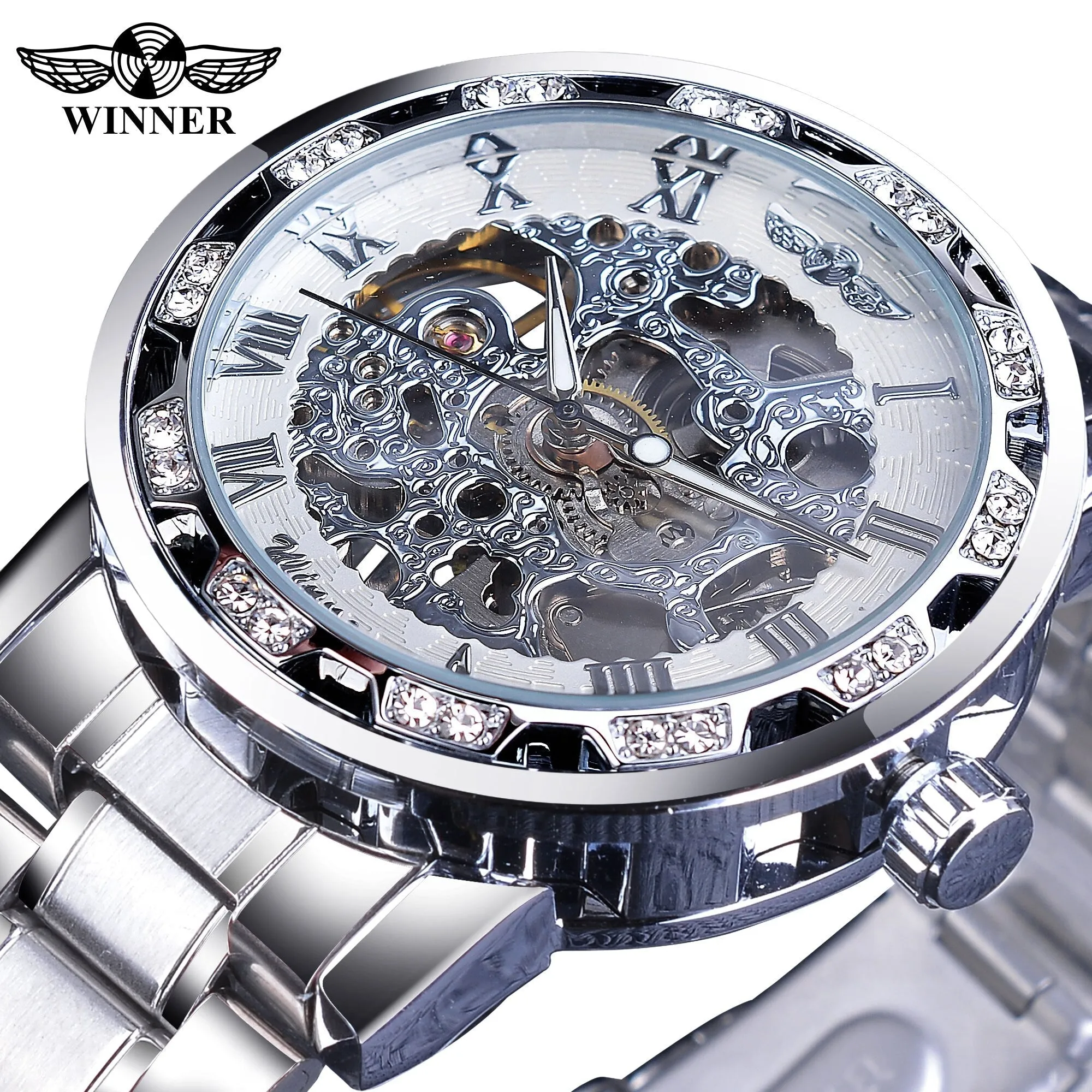 Winner Golden Watch | Classic Rhinestone Clock | Roman Analog Male Skeleton Clocks Mechanical Stainless Steel Band Luminous Watch