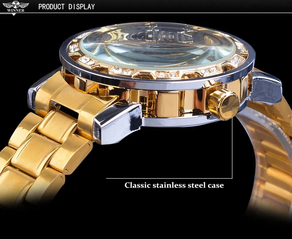 Winner Golden Watch | Classic Rhinestone Clock | Roman Analog Male Skeleton Clocks Mechanical Stainless Steel Band Luminous Watch