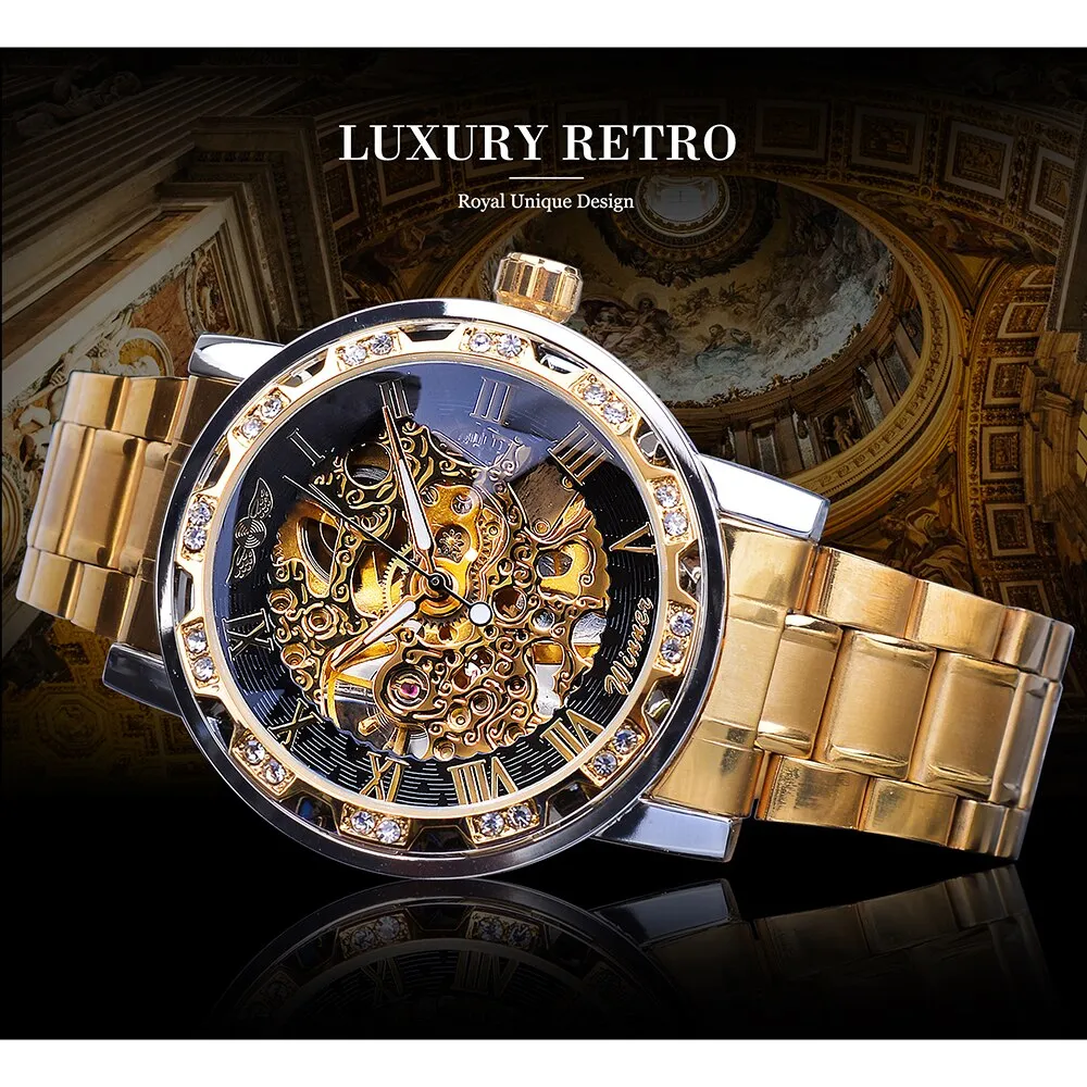 Winner Golden Watch | Classic Rhinestone Clock | Roman Analog Male Skeleton Clocks Mechanical Stainless Steel Band Luminous Watch