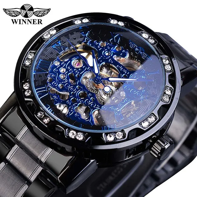 Winner Golden Watch | Classic Rhinestone Clock | Roman Analog Male Skeleton Clocks Mechanical Stainless Steel Band Luminous Watch