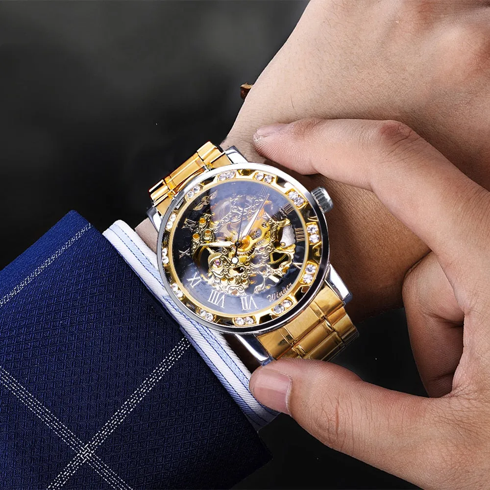 Winner Golden Watch | Classic Rhinestone Clock | Roman Analog Male Skeleton Clocks Mechanical Stainless Steel Band Luminous Watch