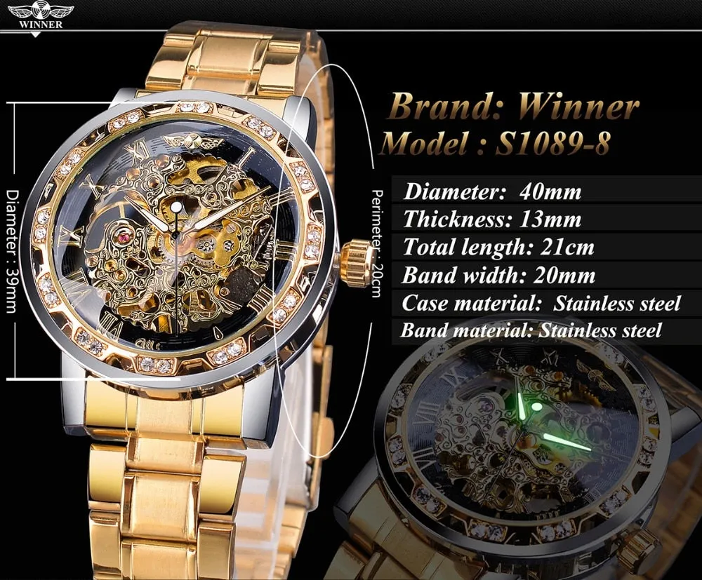 Winner Golden Watch | Classic Rhinestone Clock | Roman Analog Male Skeleton Clocks Mechanical Stainless Steel Band Luminous Watch