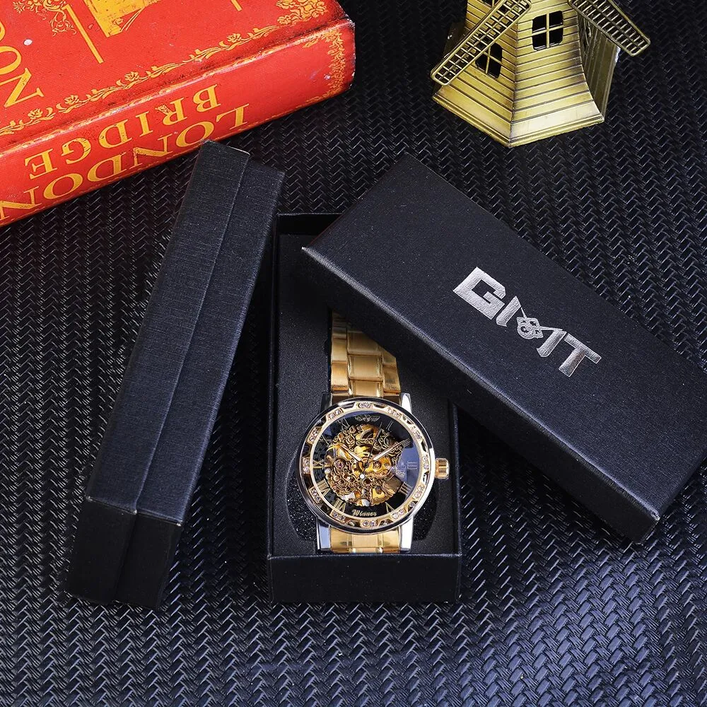 Winner Golden Watch | Classic Rhinestone Clock | Roman Analog Male Skeleton Clocks Mechanical Stainless Steel Band Luminous Watch