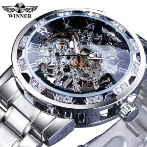 Winner Golden Watch | Classic Rhinestone Clock | Roman Analog Male Skeleton Clocks Mechanical Stainless Steel Band Luminous Watch