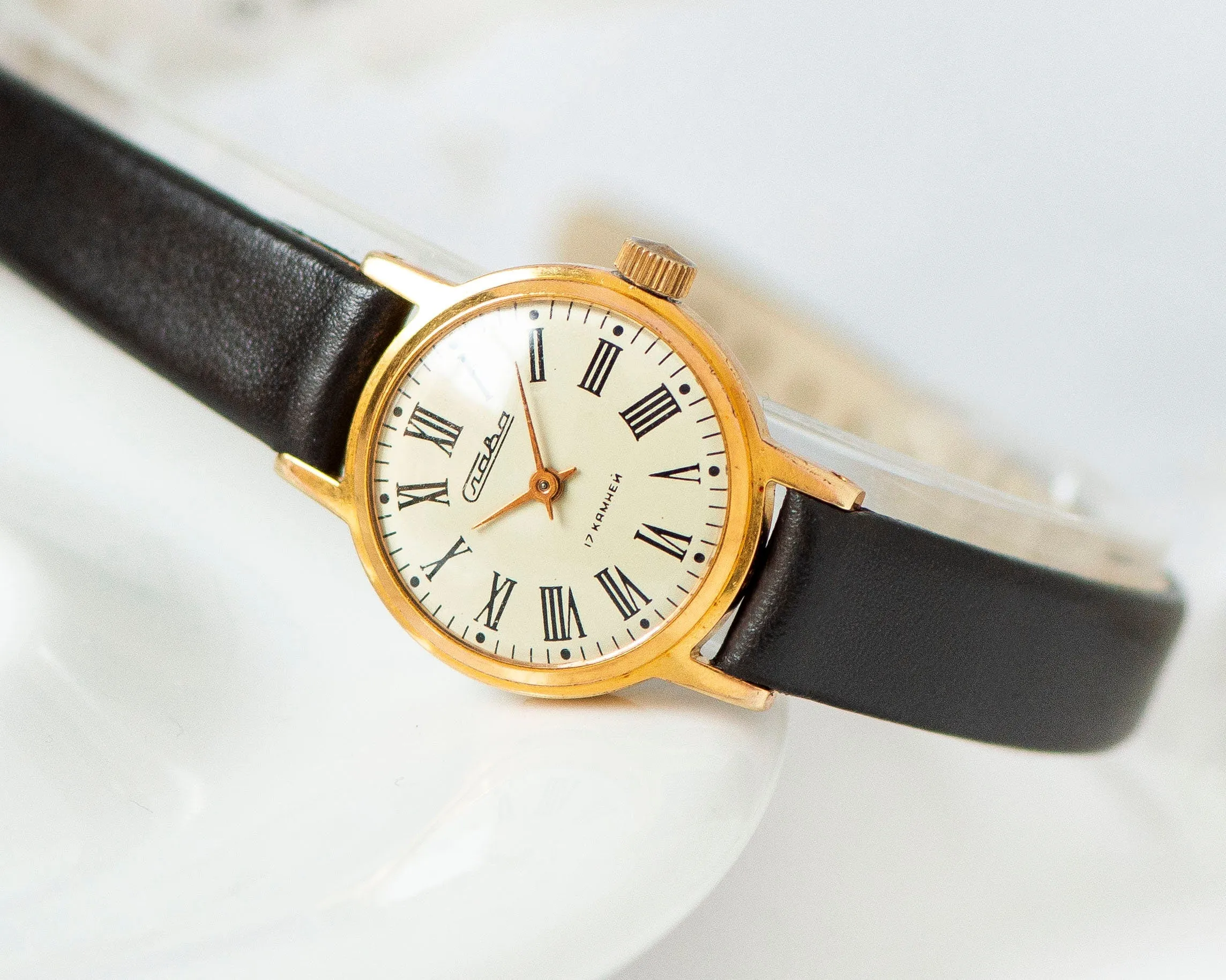 Women watch Glory gold plated vintage delicate, Roman numerals classic watch, chic wristwatch for women rare gift, new genuine leather strap