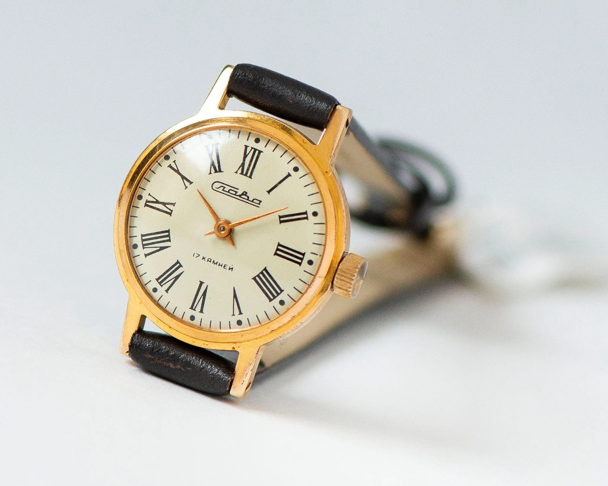 Women watch Glory gold plated vintage delicate, Roman numerals classic watch, chic wristwatch for women rare gift, new genuine leather strap