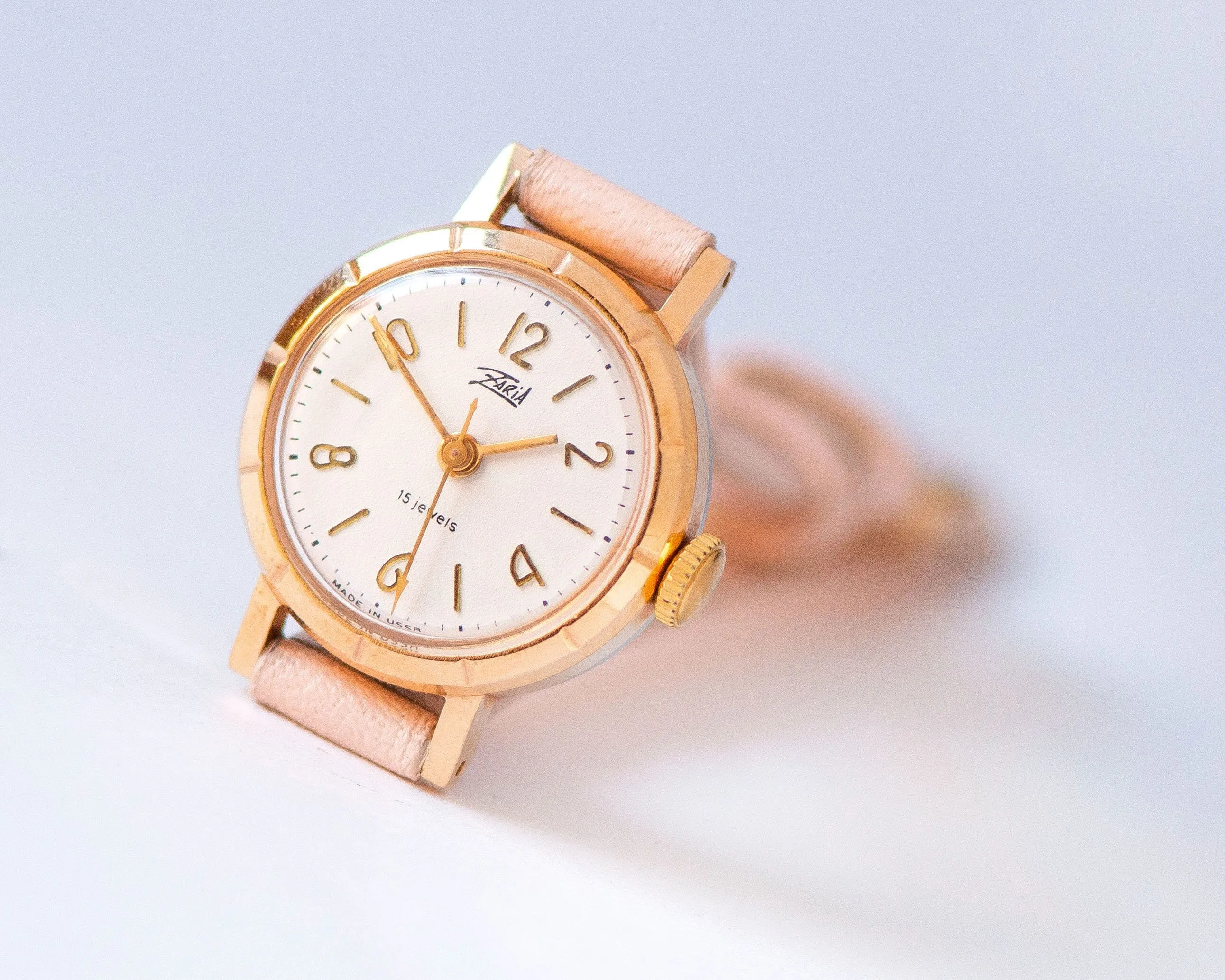 Women watch gold plated unused Dawn, classic women watch vintage minimalist, retro lady watch jewelry gift, new premium leather strap pink