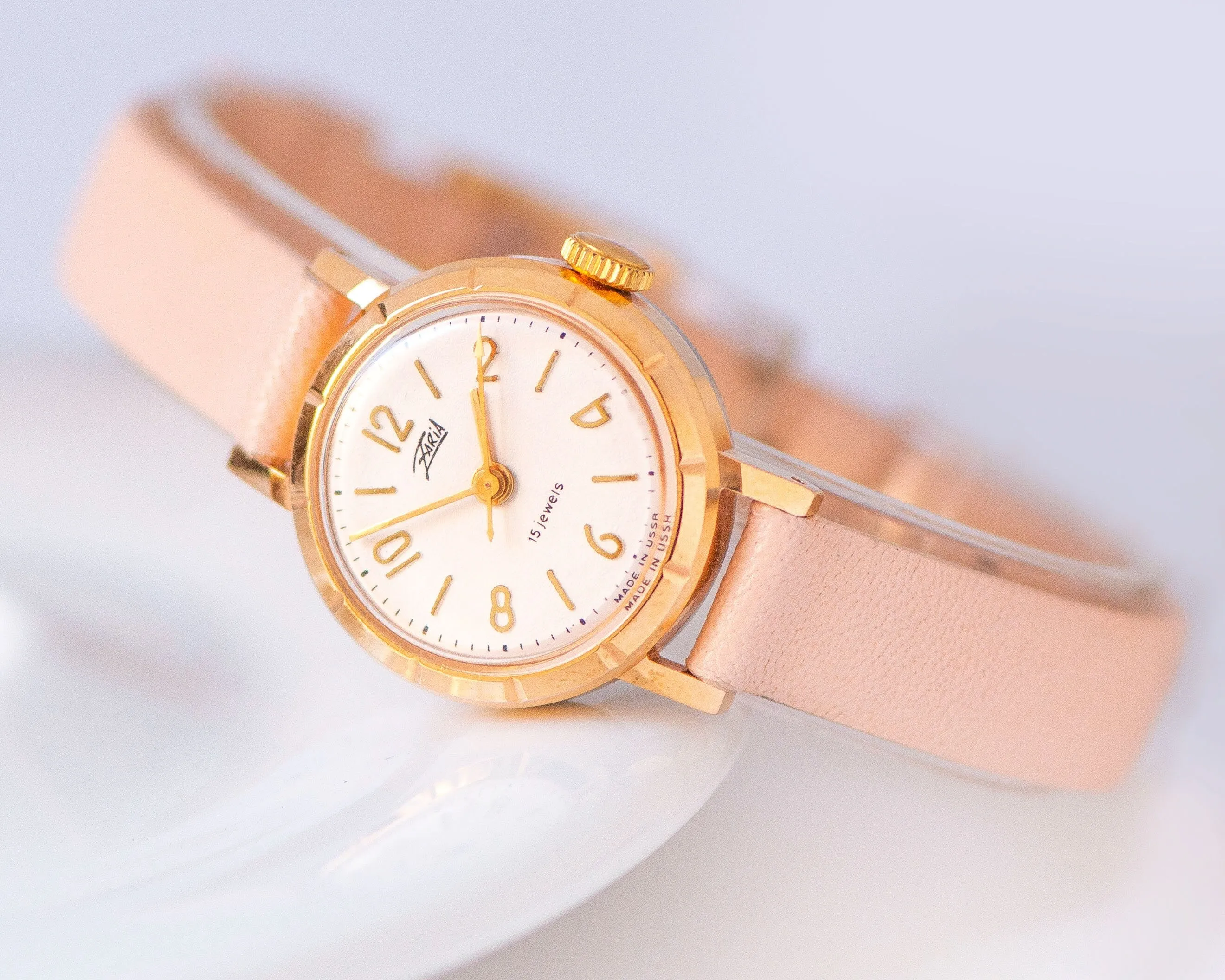 Women watch gold plated unused Dawn, classic women watch vintage minimalist, retro lady watch jewelry gift, new premium leather strap pink