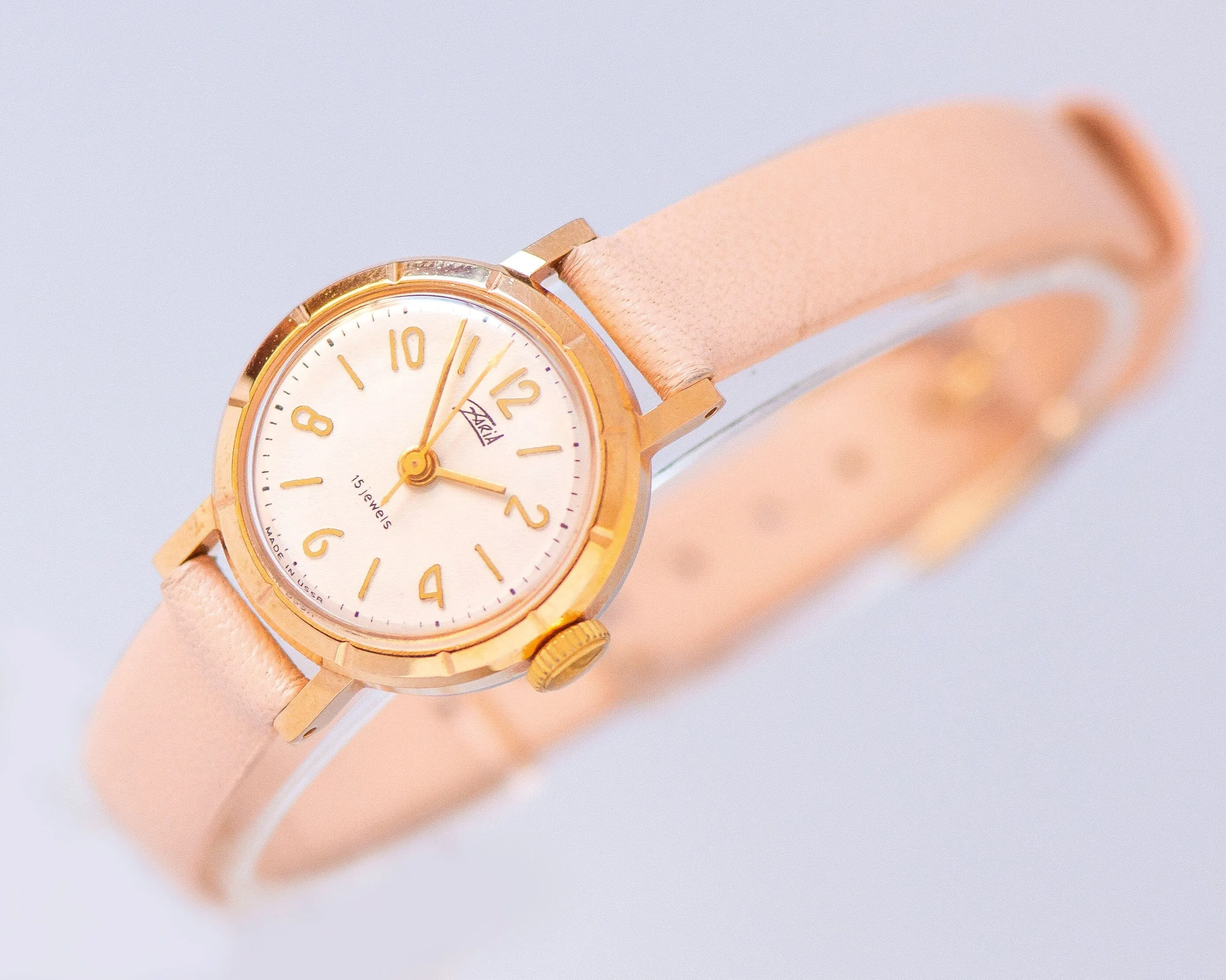 Women watch gold plated unused Dawn, classic women watch vintage minimalist, retro lady watch jewelry gift, new premium leather strap pink