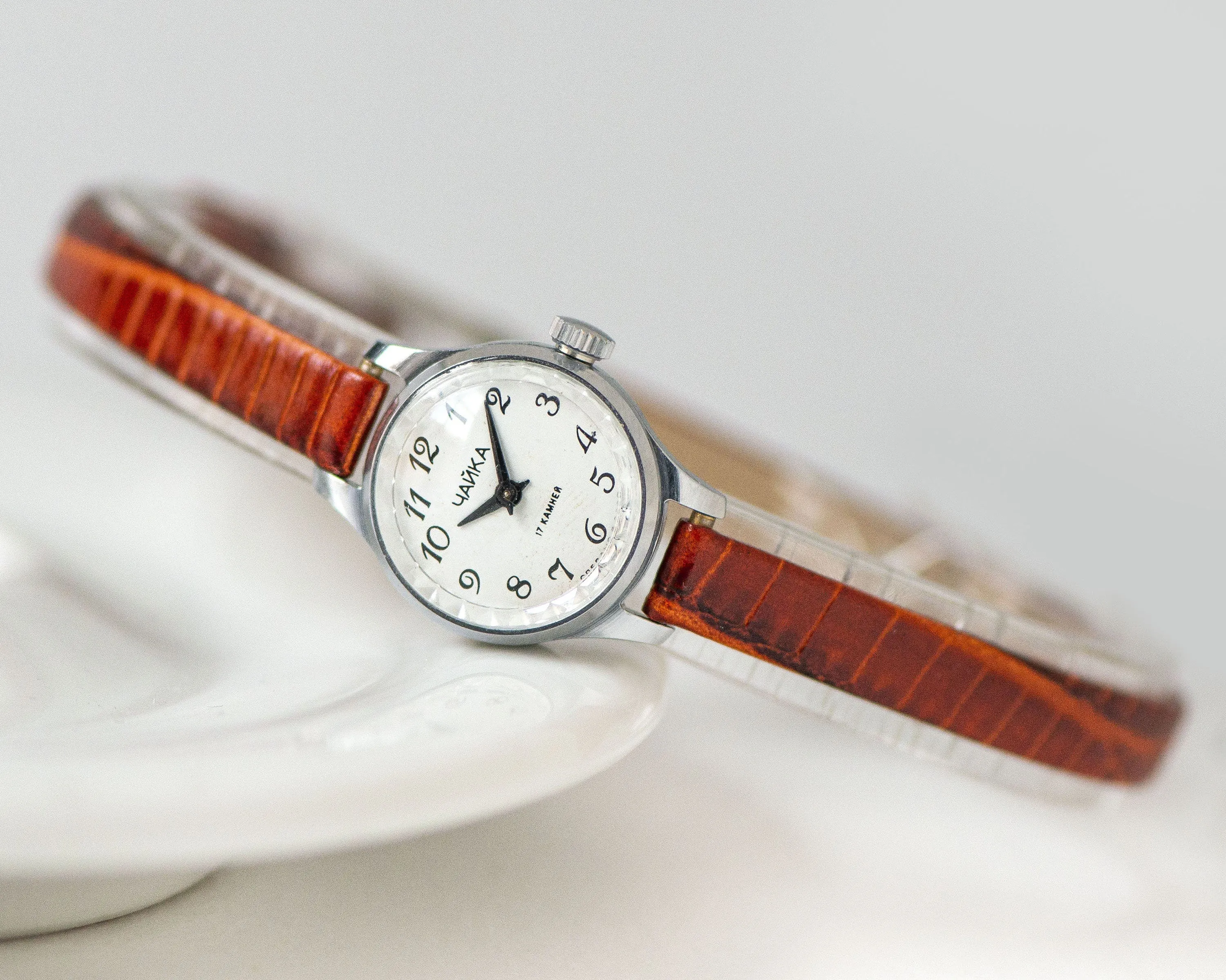 Women watch tiny vintage Seagull, lady wristwatch silver shade tiny case, delicate timepiece jewelry gift for girl, new genuine leather band