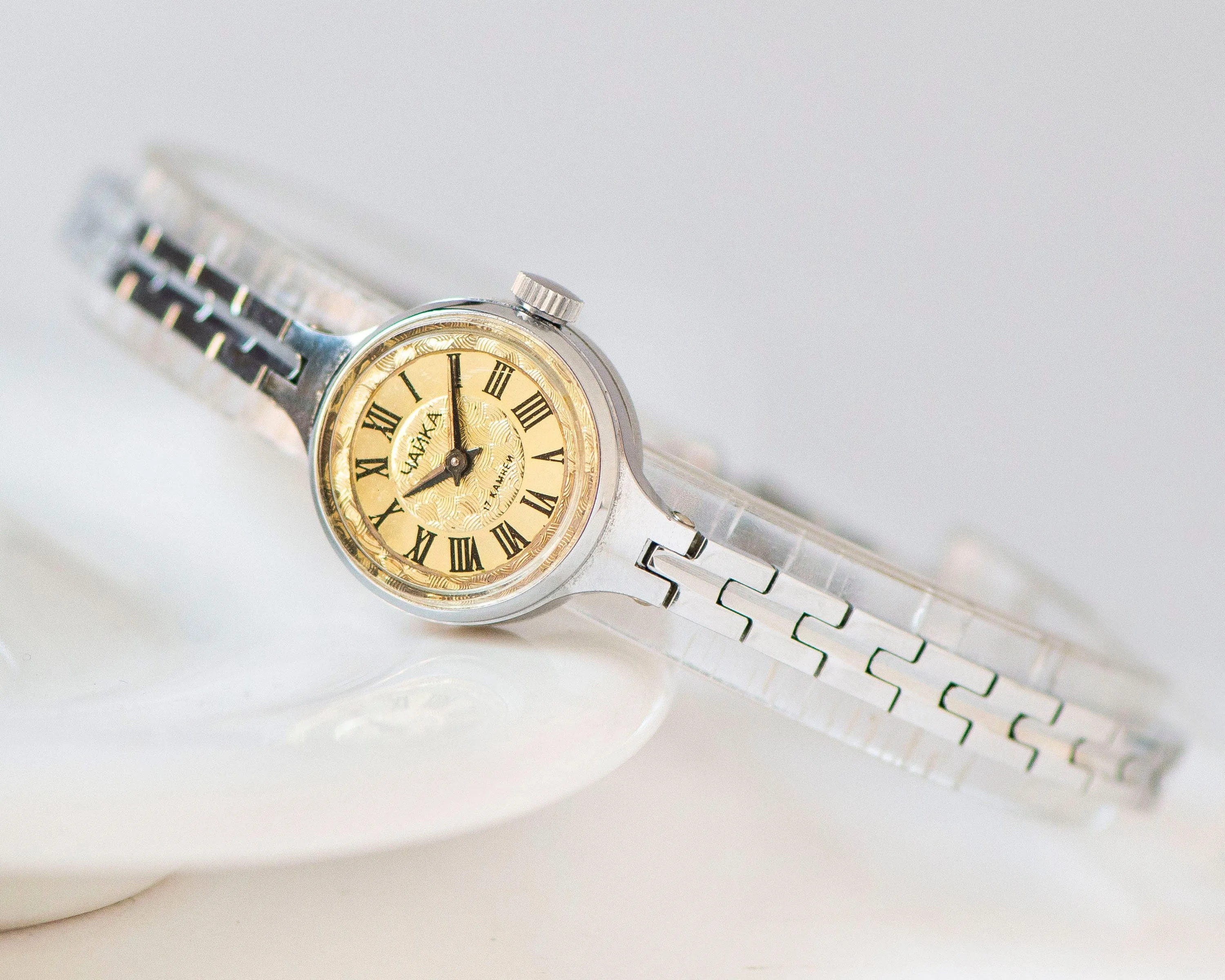Women's cocktail watch Seagull silver shade vintage, evening watch Roman numerals jewelry gift, 90s lady timepiece rare shade tiny bracelet
