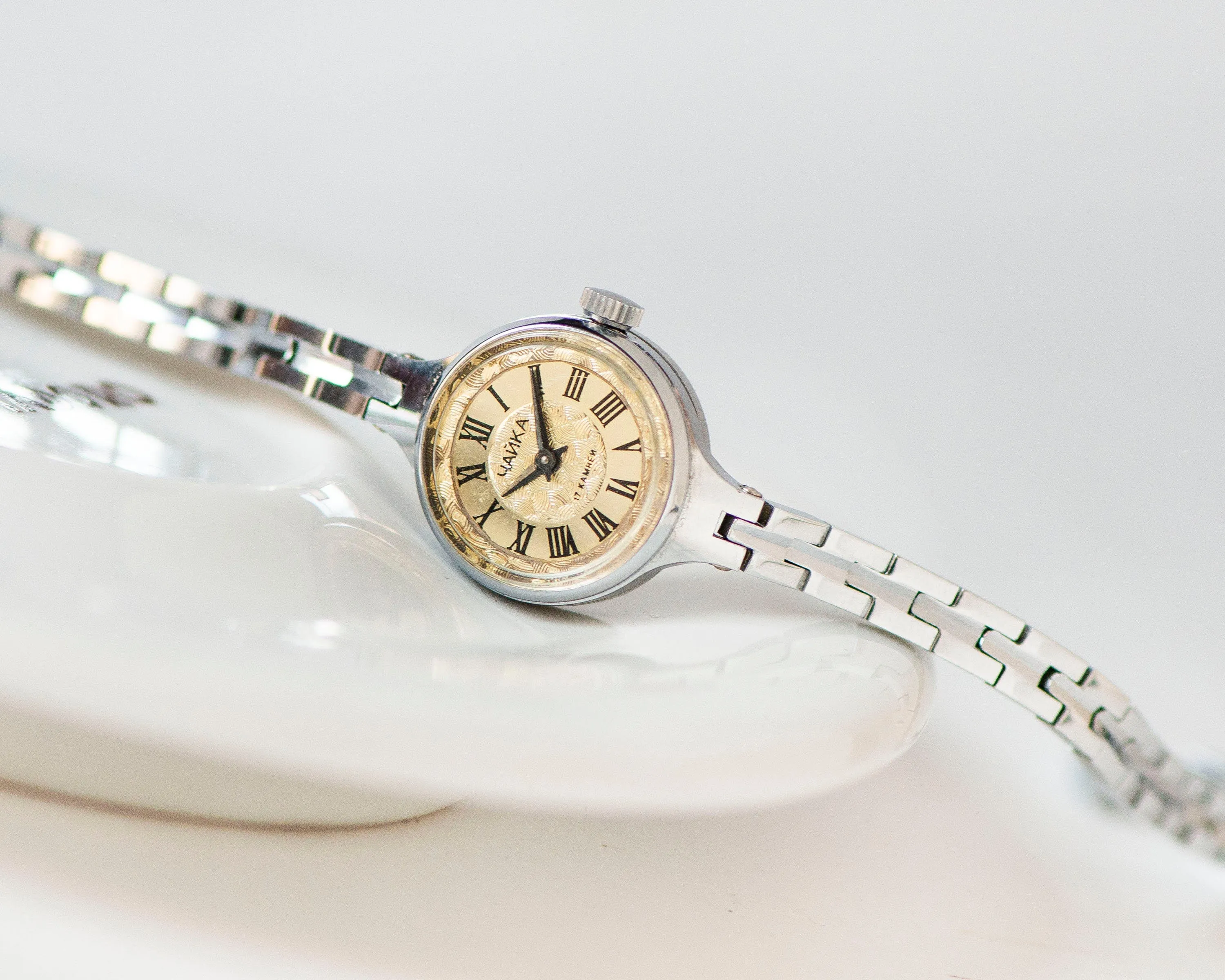 Women's cocktail watch Seagull silver shade vintage, evening watch Roman numerals jewelry gift, 90s lady timepiece rare shade tiny bracelet