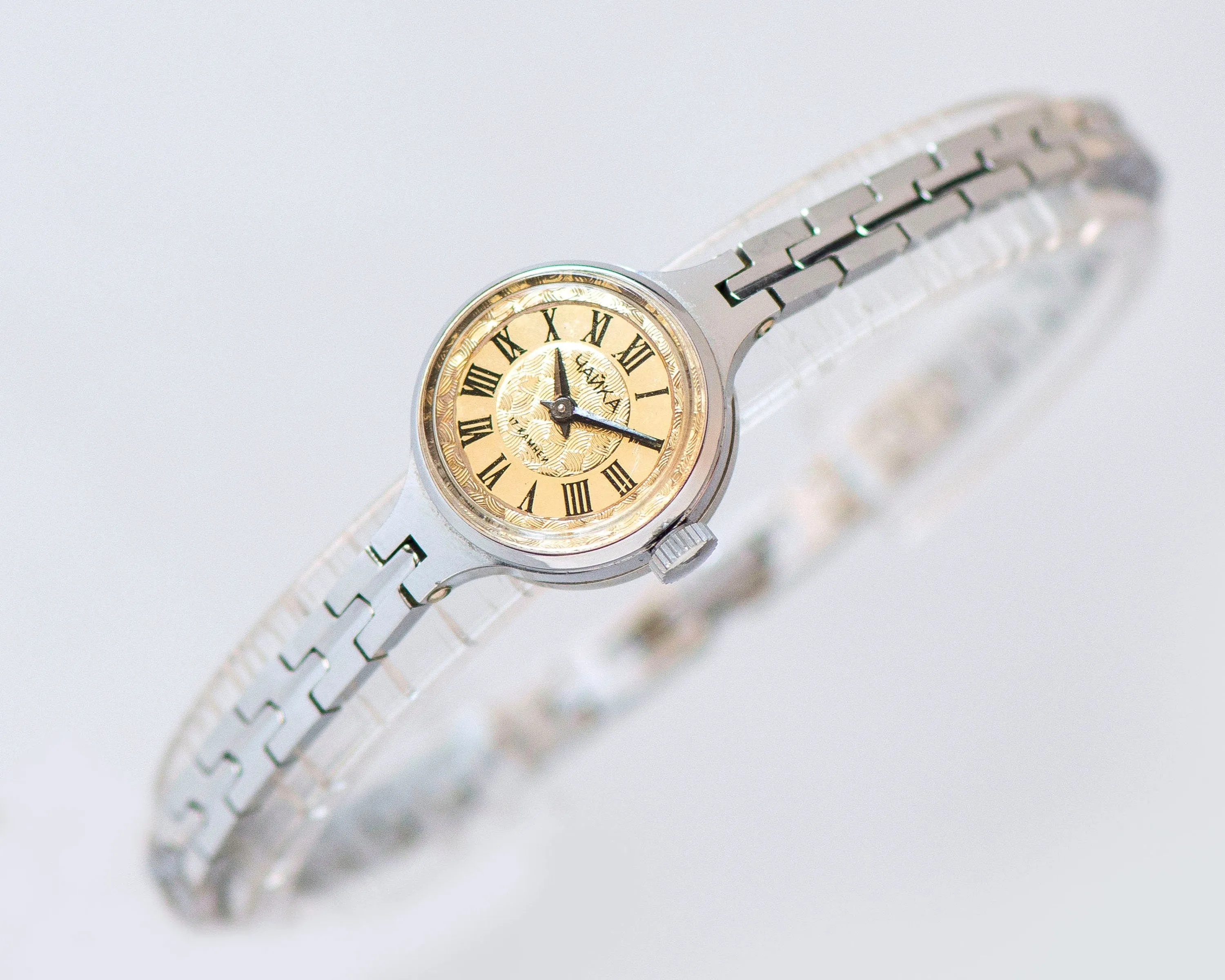 Women's cocktail watch Seagull silver shade vintage, evening watch Roman numerals jewelry gift, 90s lady timepiece rare shade tiny bracelet